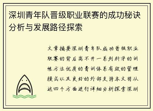 深圳青年队晋级职业联赛的成功秘诀分析与发展路径探索